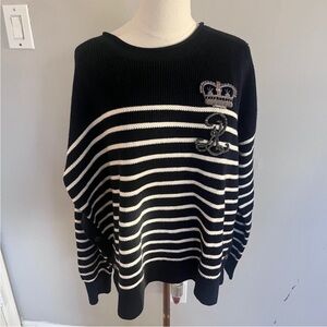Black & White Ralph Lauren Striped Crewneck Sweater with Embroidered Crest